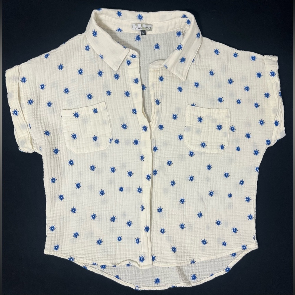 White Button-Front Gauze Shirt with Blue Star Embroidery